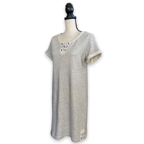 Style & Co Heather Gray Short Sleeve Lace Up French Terry Dress - Picture 3 of 9